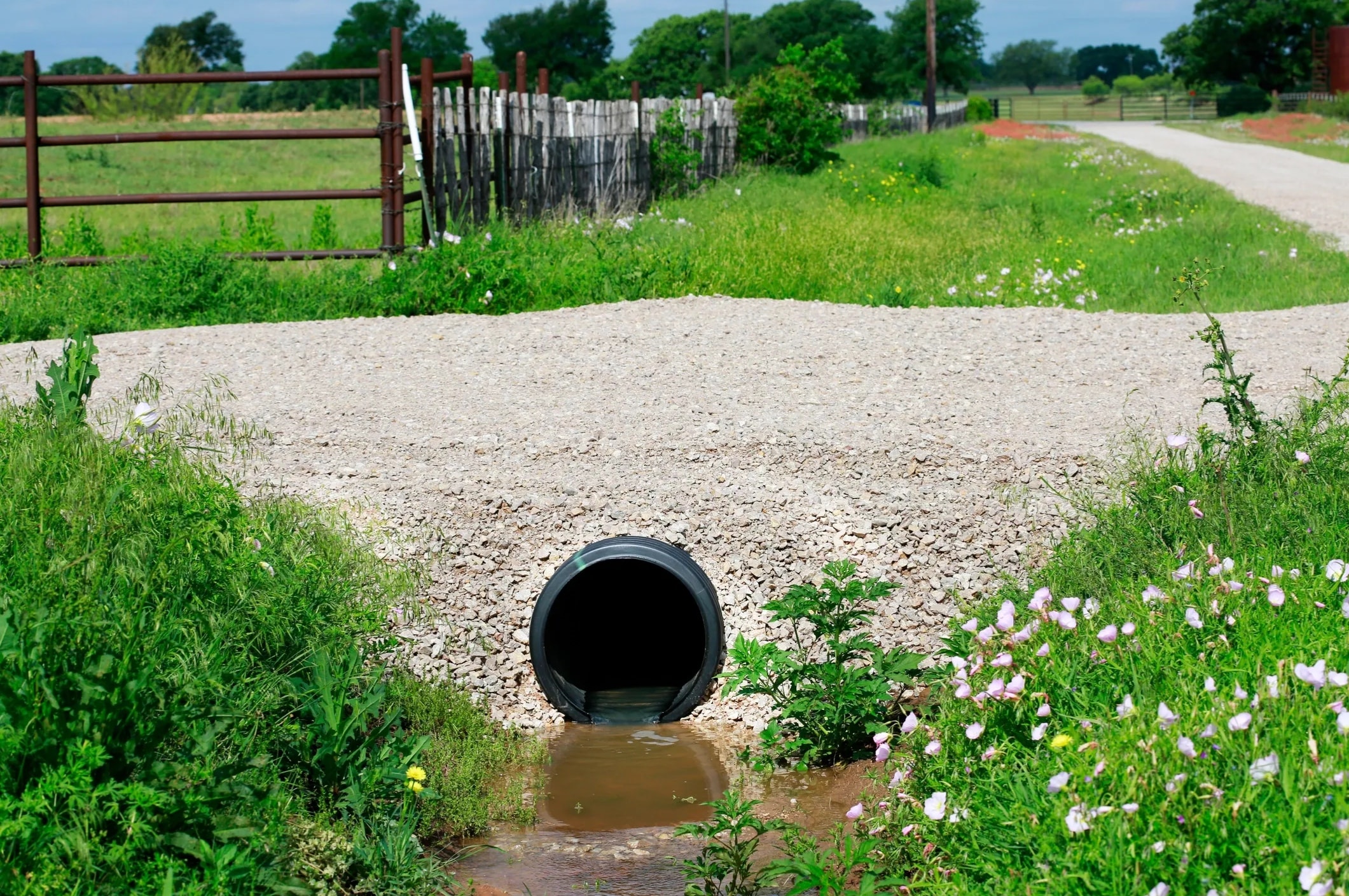 Culvert drainage pipe installation under driveway for water flow management